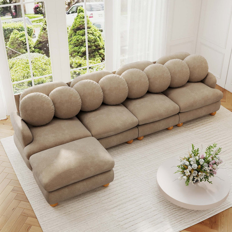 Canapé modulaire en chenille avec repose-pieds mobile, Chenille brun clair, H 34 po x l 123 po x P 57 po, Right Hand Facing
