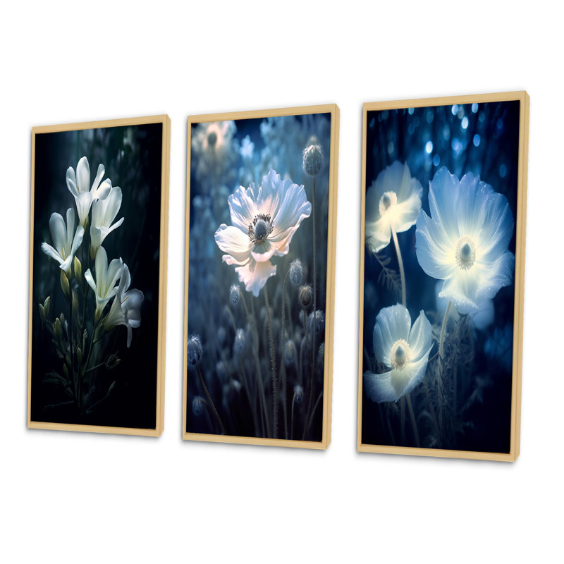 «White Green Petals And Beauty», 3 pièces sur toile, Cadre naturel flottant, H 32 po x l 48 po