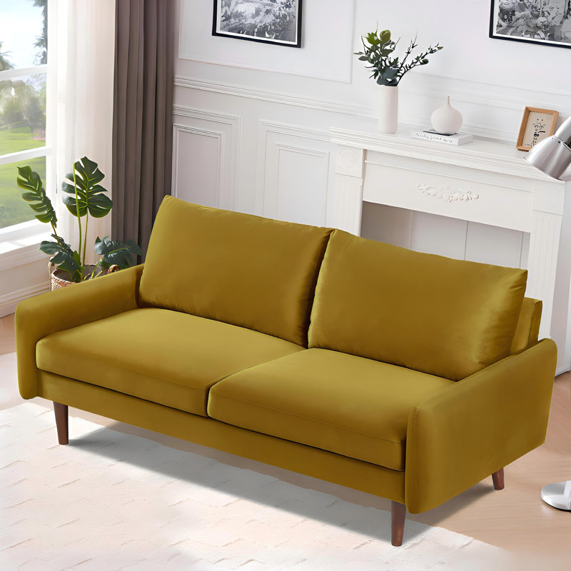 Canapé moderne en velours avec pieds fuselés en bois, Mustard yellow Polyester