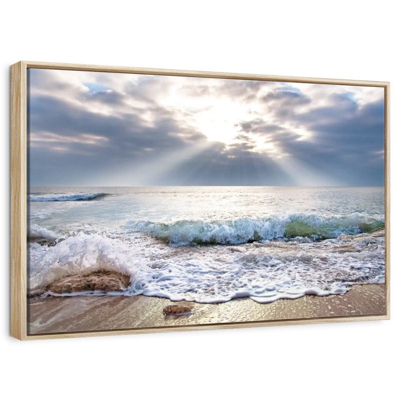 Océan au lever du soleil, Cadre flottant en bois naturel, 40 po x 27 po