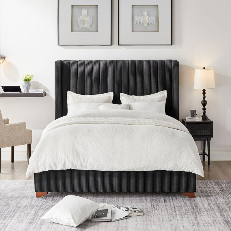 Modern Upholstered Platform Bed With Corduroy Wing Headboard, Black, Full