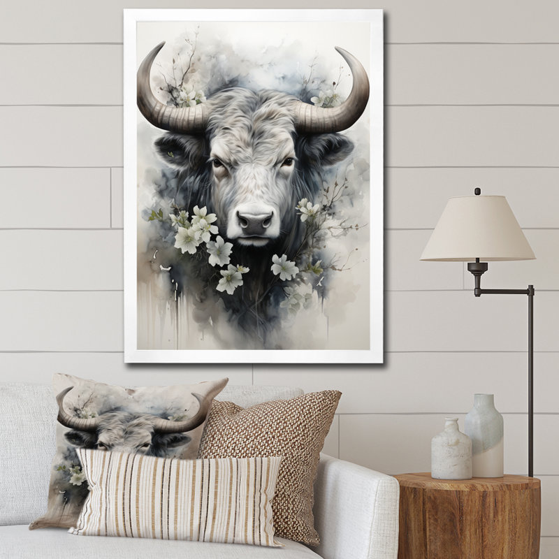 Champetres, art asiatique, vache Sumi IV, H 40 po x l 30 po x P 1,5 po, Cadre photo blanc