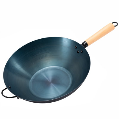 Poêle wok en acier au carbone pré-assaisonné avec poignée en bois de hêtre 13,8 po