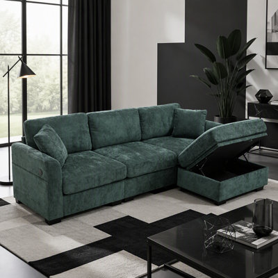 Modern L-Shaped Sectional Sofa with USB Charging, Storage Ottoman, and Side Pockets for Smart Living.