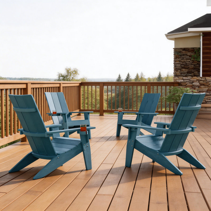 Aurra Set of 4 Modern All Weather Outdoor HIPS Plastic Adirondack Chairs with Cup Holder Oversize Fire pit Chairs, Navy Blue