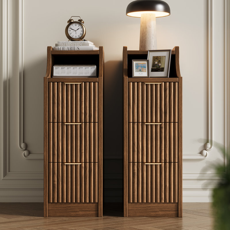 7.8" Fluted Nightstand & Narrow Bedside Table With 3 Drawers Set Of 2, Brown