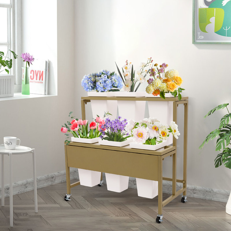 Présentoir à fleurs en métal à 2 niveaux avec seaux de 6 pièces, Or