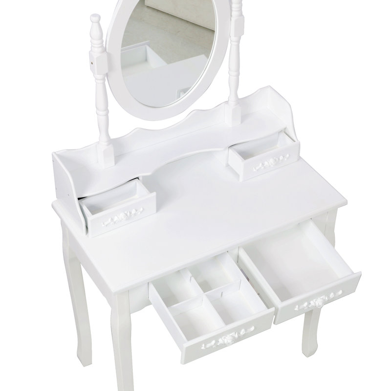 White Princess Vanity Desk Set With Mirror & Cushioned Stool, 4-Drawer Wooden Makeup Vanity Table For Girls' Bedroom, Dressing Table With Ample Storage