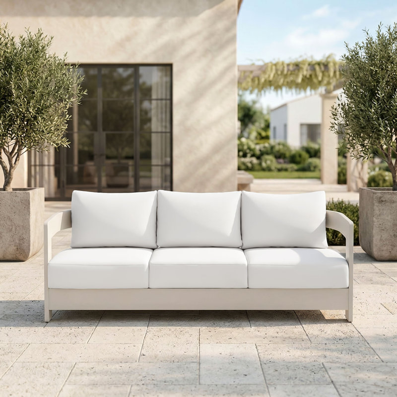 Frances Aluminum 76" Patio Sofa With Sunbrella Cushions, White Cushion/Champagne Frame