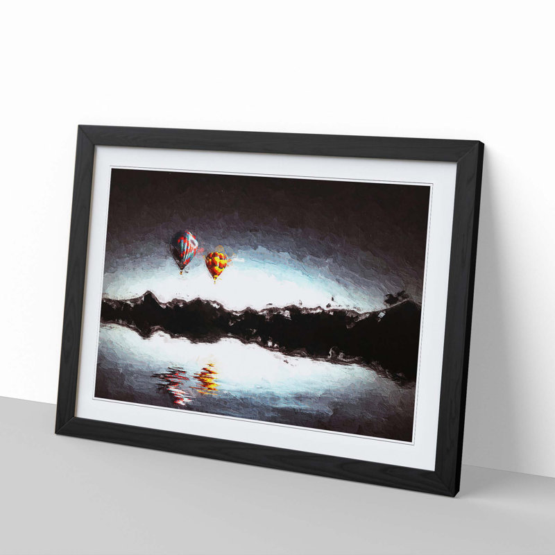 Hot Air Balloons Above a Lake in Abstract - Picture Frame Painting Print, 27cm H x 36cm W x 2cm D, Black Framed