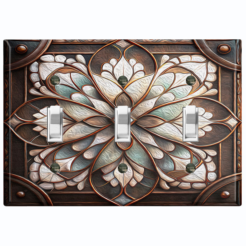 Couvercle de plaque d'interrupteur en métal; Bascule à 3 bandes standard des États-Unis - image imprimée d'un motif de fleurs rustiques en vitrail