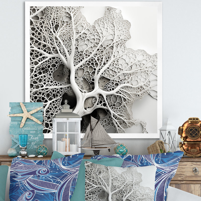 «Under Water», coraux noirs et blancs, collage I sur toile, H 24 po x l 24 po x P 1 po, Cadre photo blanc