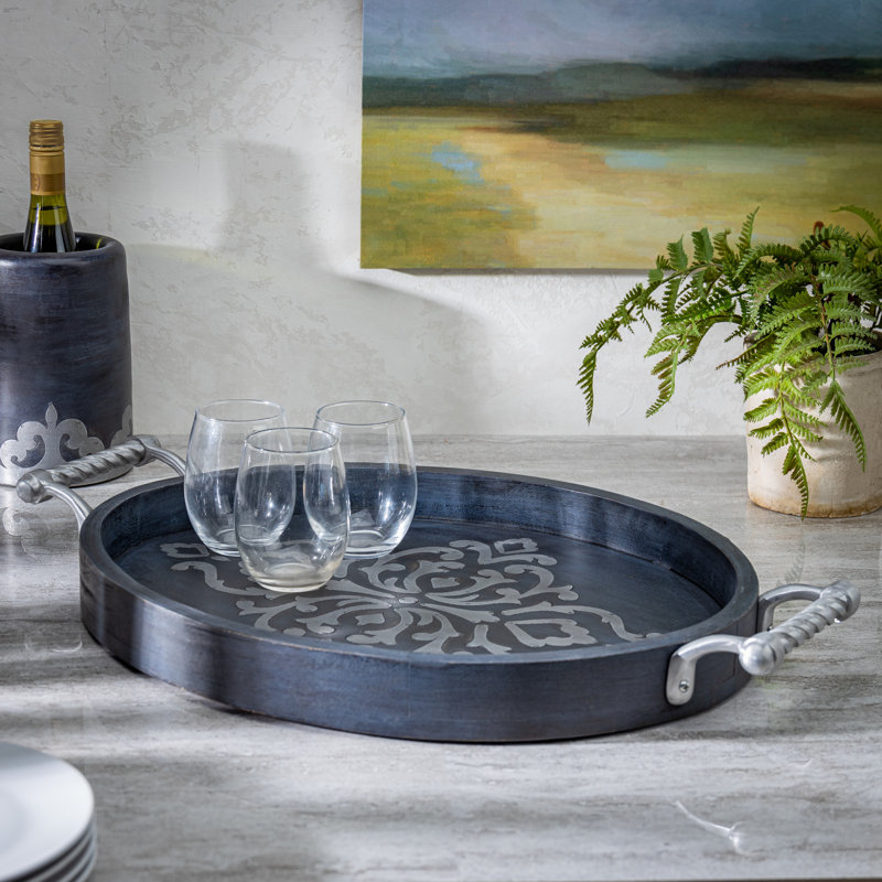 Gray-washed metal-inlay oval tray with handles