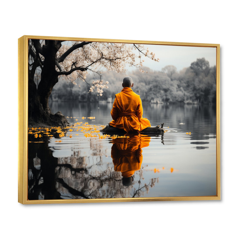 Moine thaïlandais à réflexion silencieuse, Cadre flottant doré, H 34 po x l 44 po x P 1,5 po