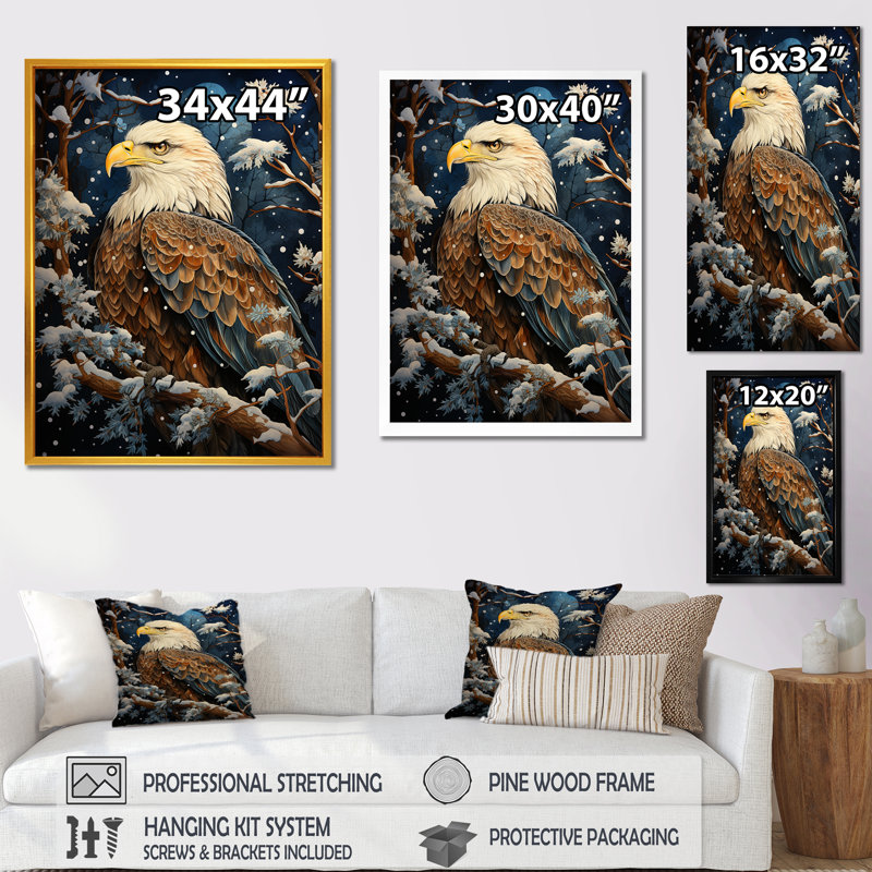 Scène d'aigle enneigé - aigle, art mural, Cadre simple blanc, H 20 po x l 12 po x P 1 po