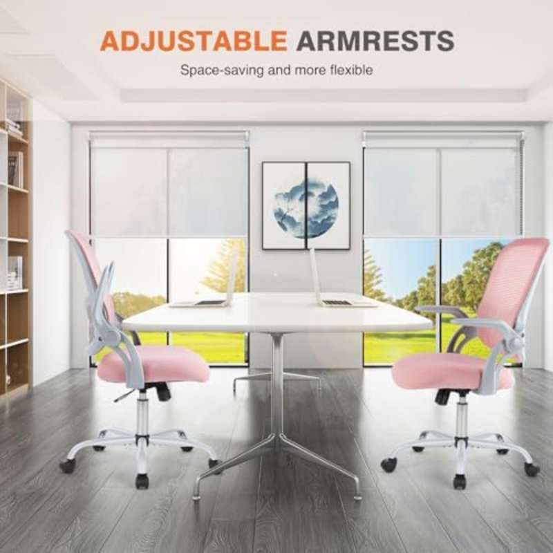Fauteuil de direction de bureau à domicile, fauteuil ergonomique pivotant à dossier moyen en filet avec accoudoirs rabattables, soutien lombaire confortable, accoudoirs confortables pour chambre à coucher, bureau, étudiant