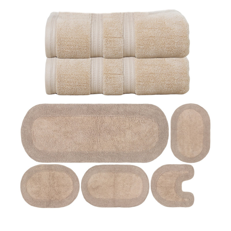 Brunk Collection 100% Soft Cotton 2 Pc Bath Towel & 4 Pc Bath Rug Set, (Set of 6), Linen