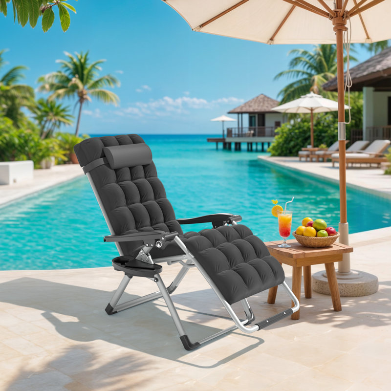 Fauteuil inclinable d'extérieur pliable à zéro gravité avec coussin souple et porte-gobelet, Noir