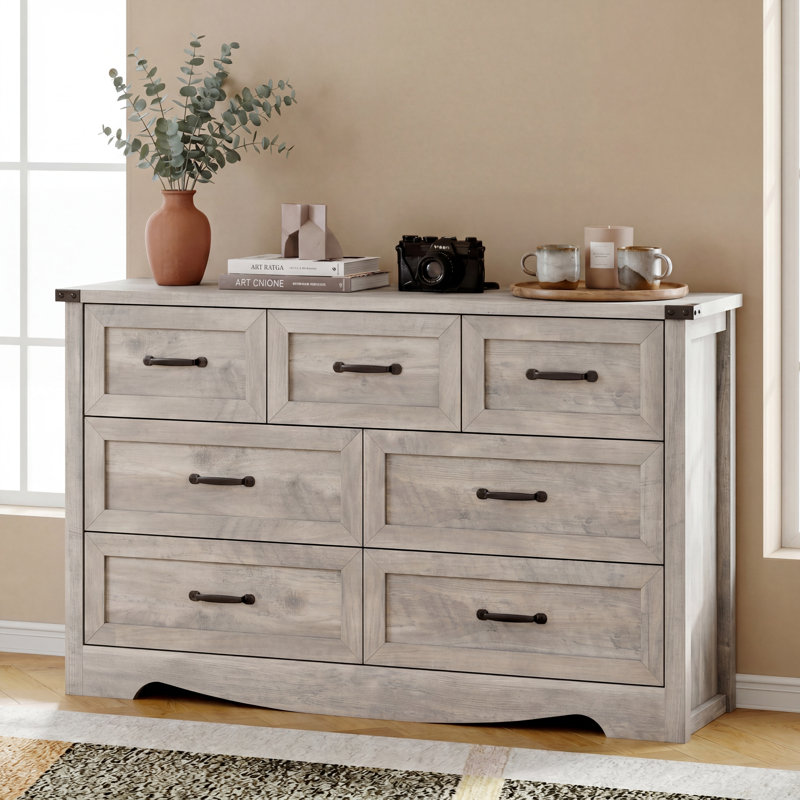 Commode à 7 tiroirs avec poignées en métal Rustic, Gris
