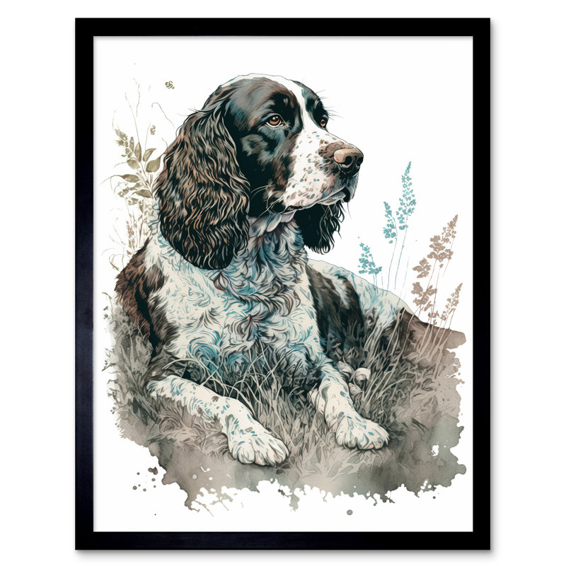 English Springer Spaniel Dog Lying in Field Modern Watercolour - Picture Frame Rectangle Print