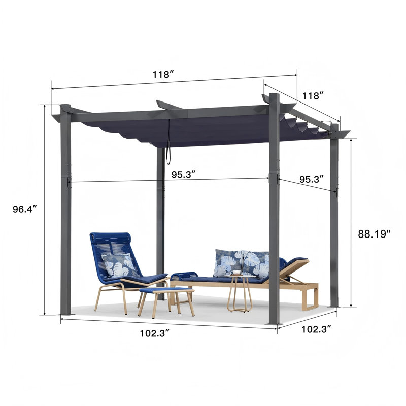 Mauve 10 pi x 10 pi Pergola rétractable d'extérieur blanc en aluminium robuste pour terrasse en métal avec double abat-jour pour patio, bleu marine