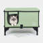 Green, medium-sized, raised cuboid cat house equipped with a heated pad for warmth.