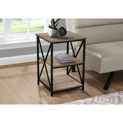 Table Taupe 3, plateau carré avec tablettes, base en métal noir en X, polyvalente pour la chambre à coucher et le salon, construction moderne, fonctionnelle