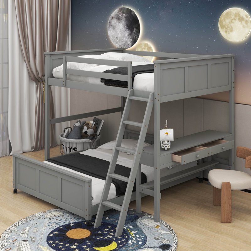 Icaro Bunk Bed with Desk, Gray, Full Over Full