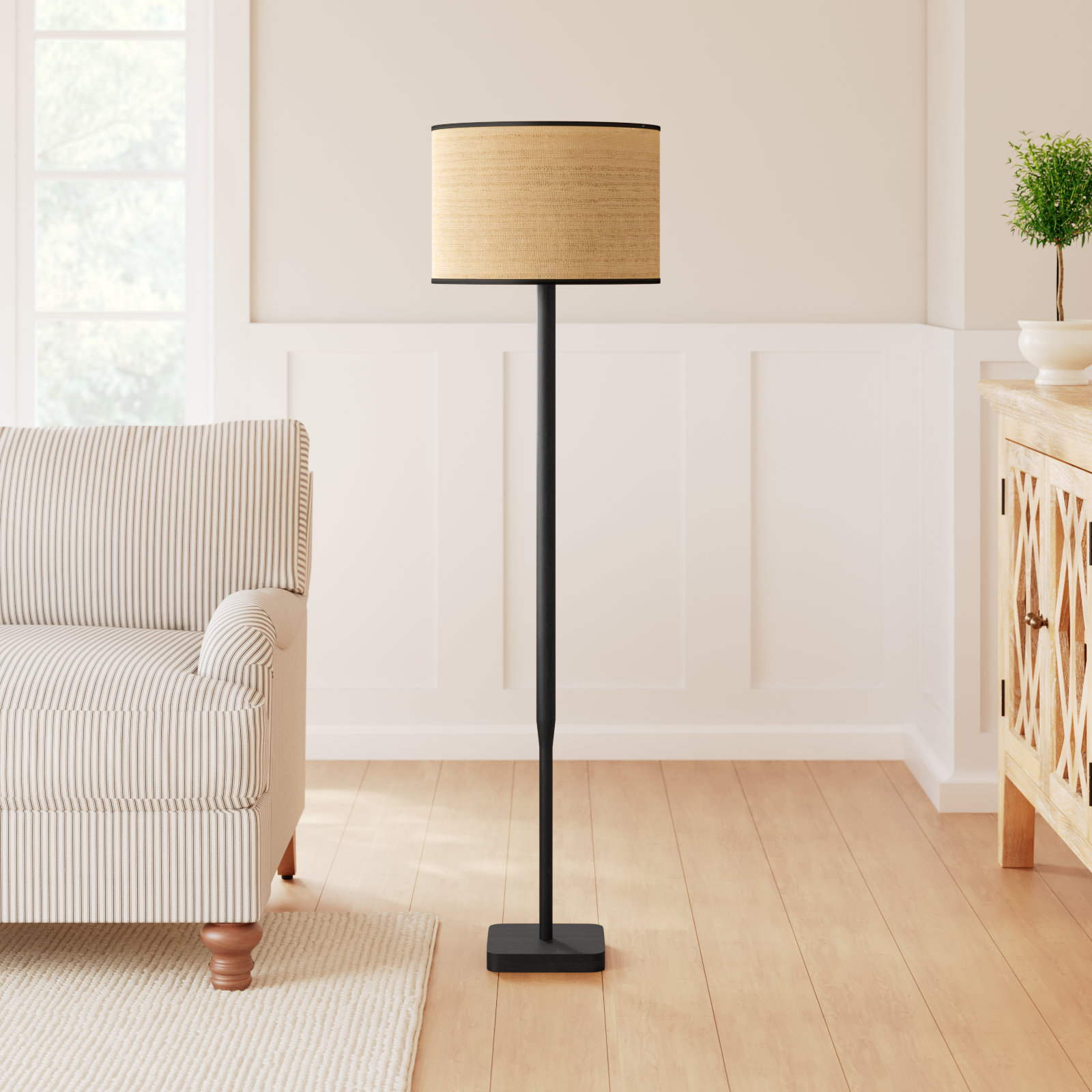 Phipps 58'' Solid Wood Dimmable Floor Lamp, Black, Natural Woven/Black Trim