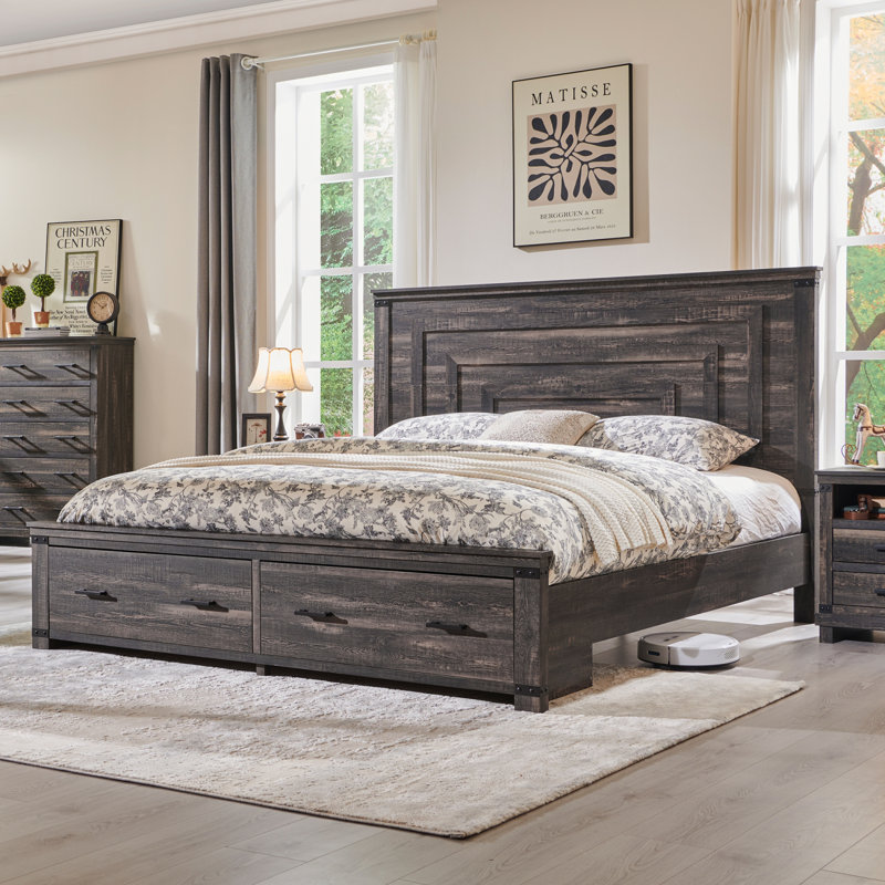  Daown Farmhouse Platform Bed Frame With 54"W Tall Geometric Headboard & Large Storage Space, King