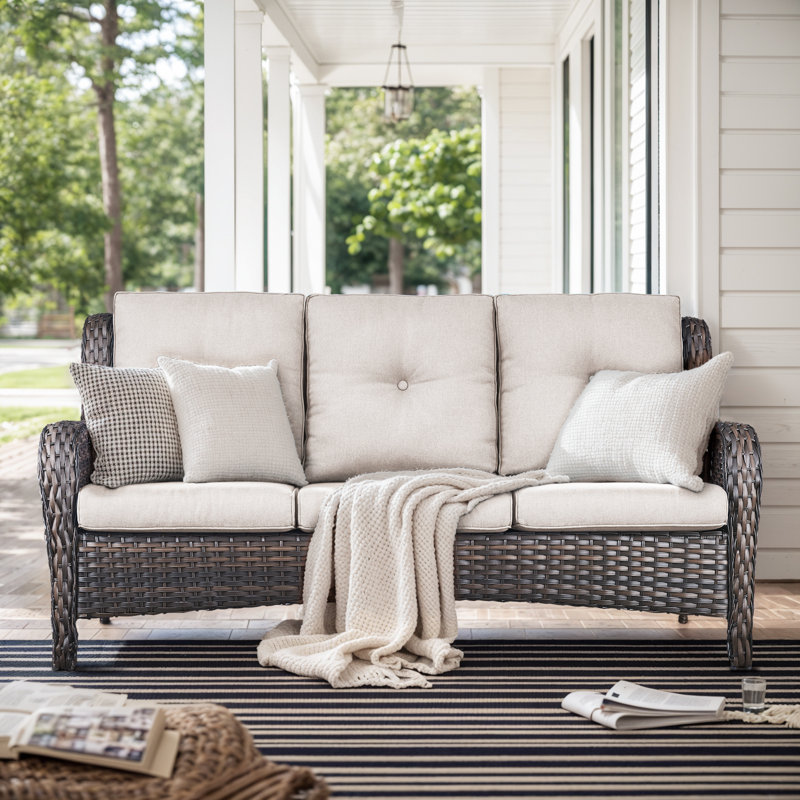 Wendye 3-Seat Outdoor Durable Sofa With Olefin Cushions, All-Weather PE Wicker, Beige, Brown