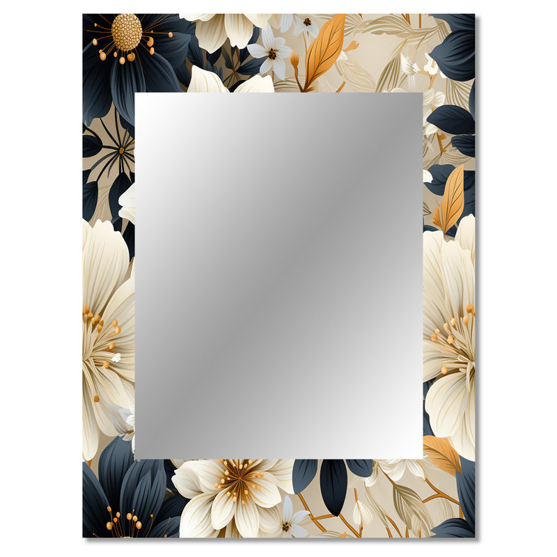 Blue And Beige Flowers Chrysanthemums Pattern - Floral Mirror Wall Decor, 40" x 30"