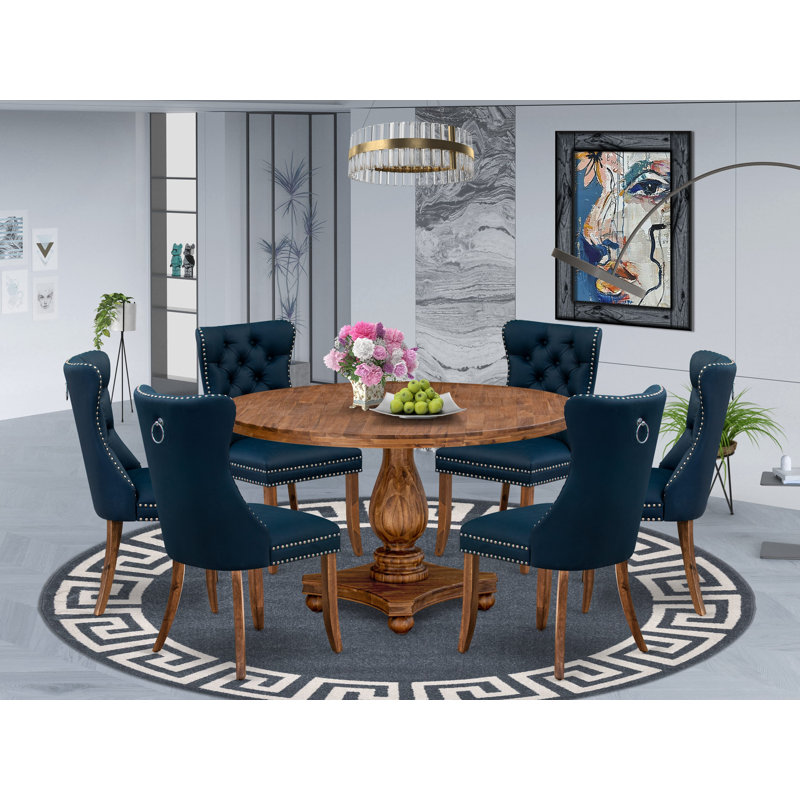 Ensemble de salle à manger 7 pièces avec similicuir, 6 chaises bleu marine, dossier capitonné et table ronde de 54 po au fini noyer antique.