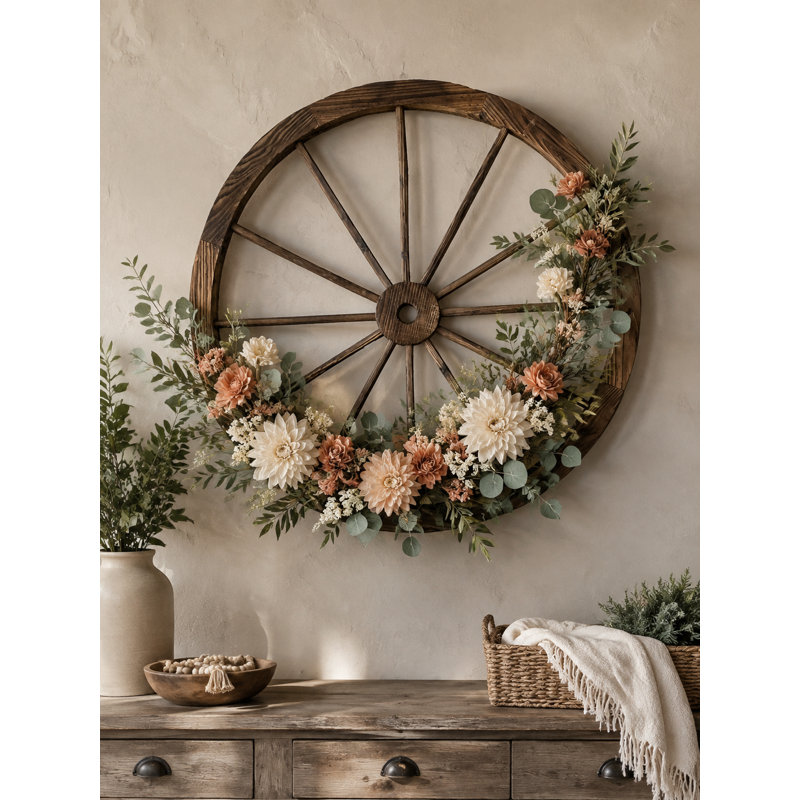 Wooden Wagon Wheel Décor, 23.50" H x 23.50" W x 1" D
