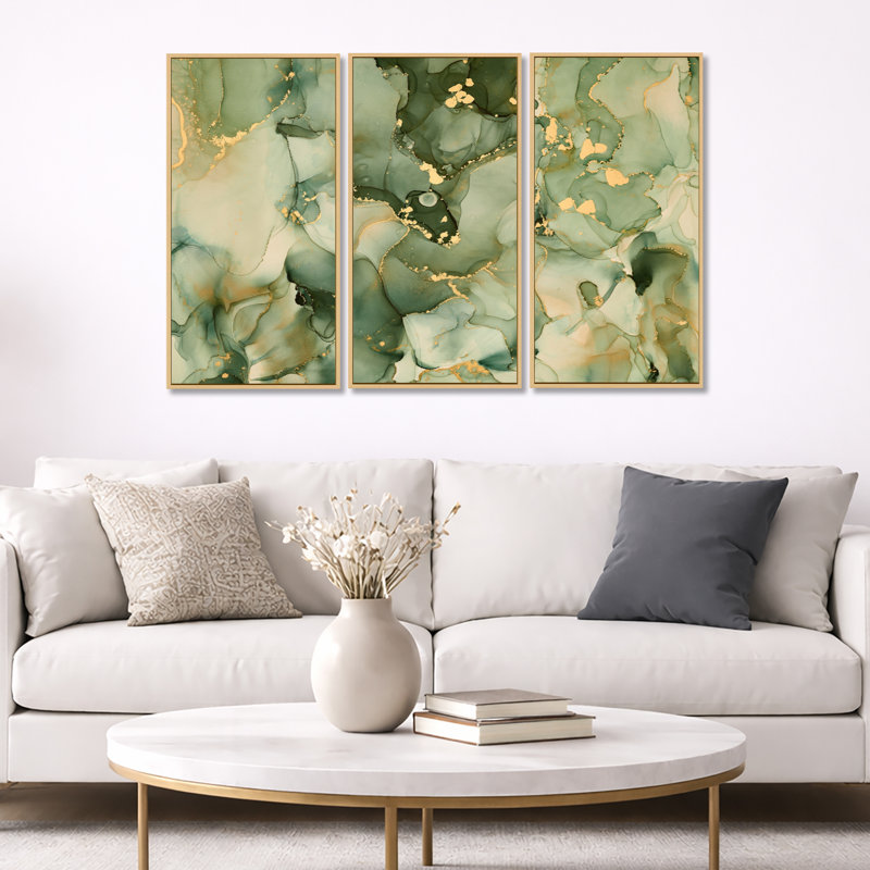 «Green Luxury Abstract Fluid Art I», ensemble d'art mural sur toile encadré moderne, H 32 po x l 48 po, Érable