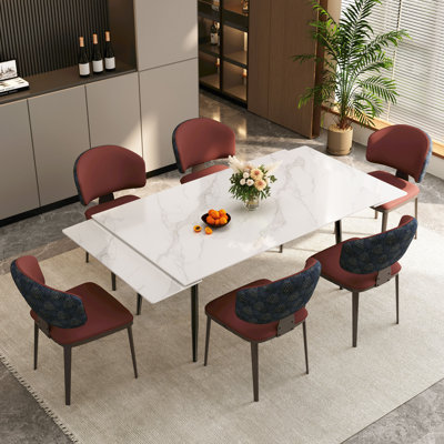Ecklund 62.9 in To 94.4 in White Sintered Stone Expandable Stretching Dining Table Chair Set