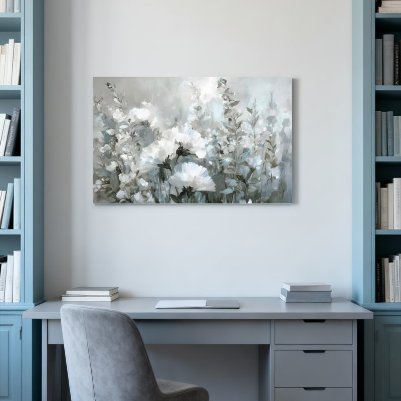 Ensemble de 1 tableau abstrait floral blanc sur toile tendue, H 12 po x l 18 po