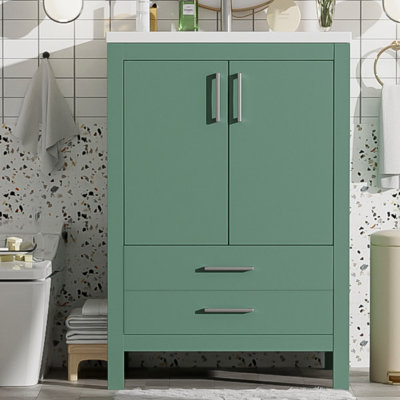 Meuble-lavabo 24 po avec lavabo en céramique, meuble Storae autoportant moderne avec poignées argentées, portes à fermeture douce