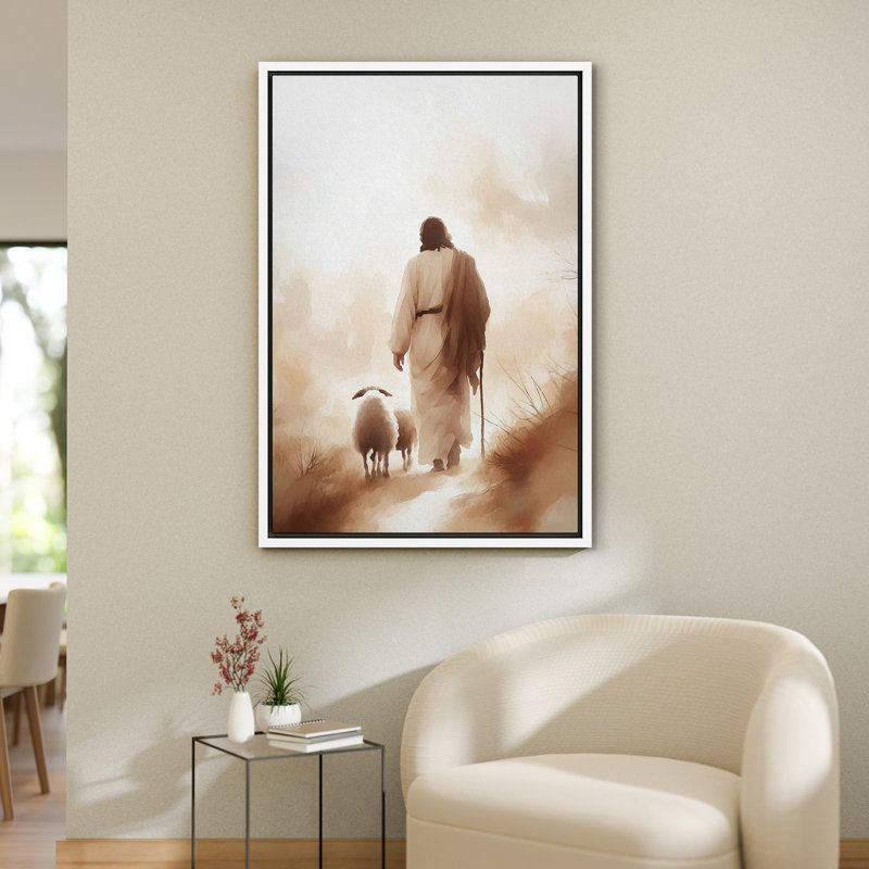 Impression sur toile «Jesus with Sheep», confession religieuse, H 24 po x l 16 po, Impression encadrée sans passe-partout
