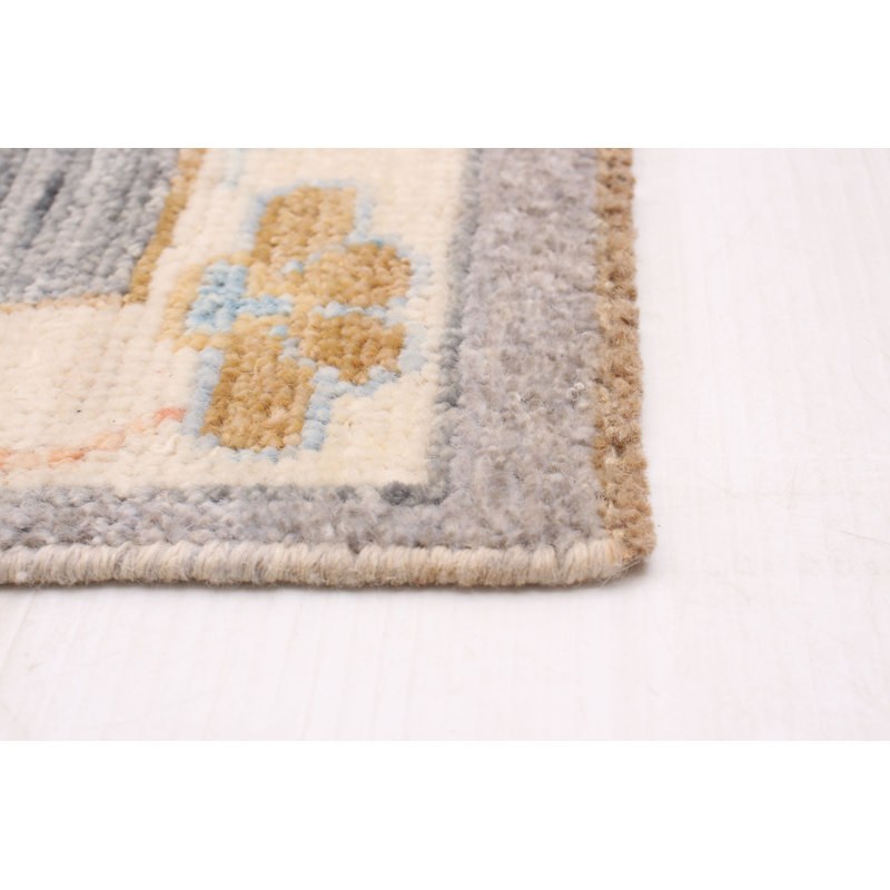Tapis gris en laine noué à la main de conception unique 8 pi 0 po x 9 pi 10 po New Age