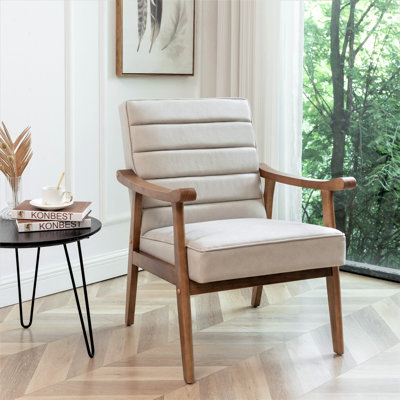 Mid-Century Modern Accent Chair, Solid Wood Frame Leather Look Microfiber Armchair with Open-Framed Arm Design