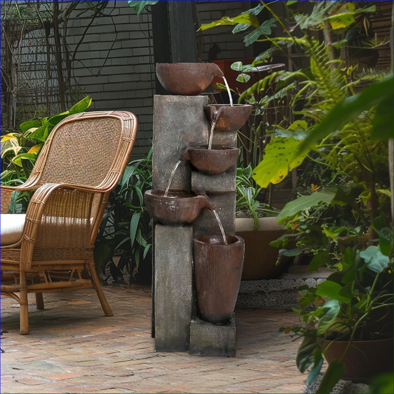 Fountains, 39.7 Inch Modern 5-Tier Outdoor Water Fountain with LED Lights, Ideal for Garden Patio Yard | Resin | Tiered Fountain