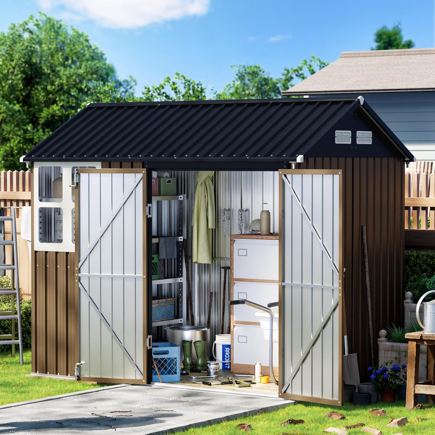 LAVRE 10x8 Ft Outdoor Steel Storage Shed With Lockable Doors And Window