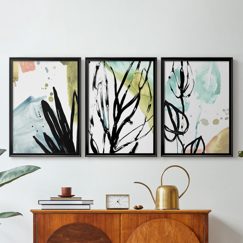 No Deckle Tropical Moderne IX - Toile tendue avec châssis sur mesure - 3 pièces, Noir, H 21 po x l 30 po