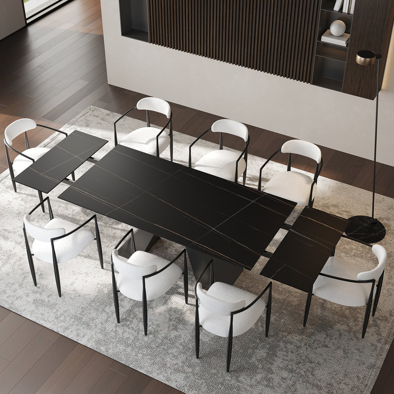 Ensemble de table de salle à manger 9 pièces Recline avec table de salle à manger extensible en pierre frittée de 110,23 po et 8 chaises en tissu