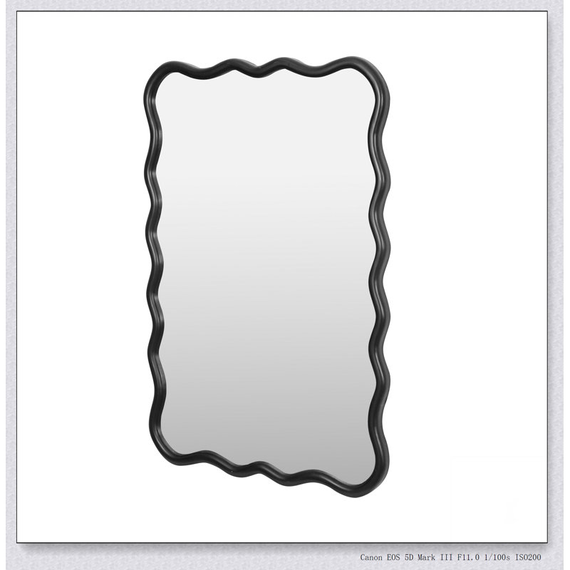 Solid Wood Wavy Rectangle Mirror-Black 40" x 28" Modern Mirror Wall Decor