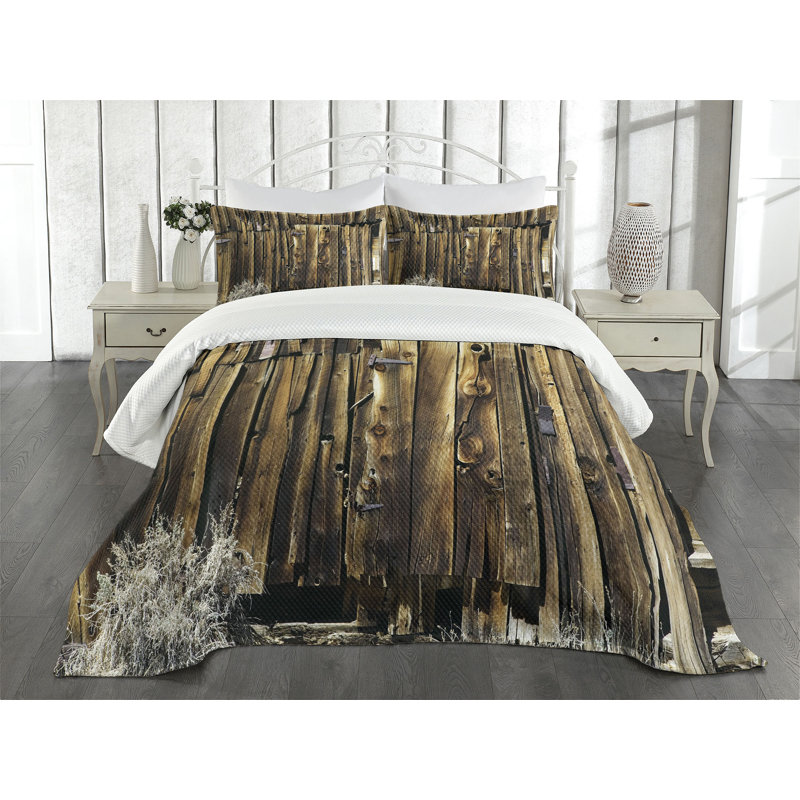 Ambesonne Rustic Bedspread Set Oak Barn Timber Door Brown, King Coverlet / Bedspread + 2 Standard Shams