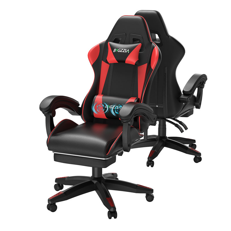 Ergonomic Game Chair with Massage Lumbar Support and Footrest Swivel, Black/Red