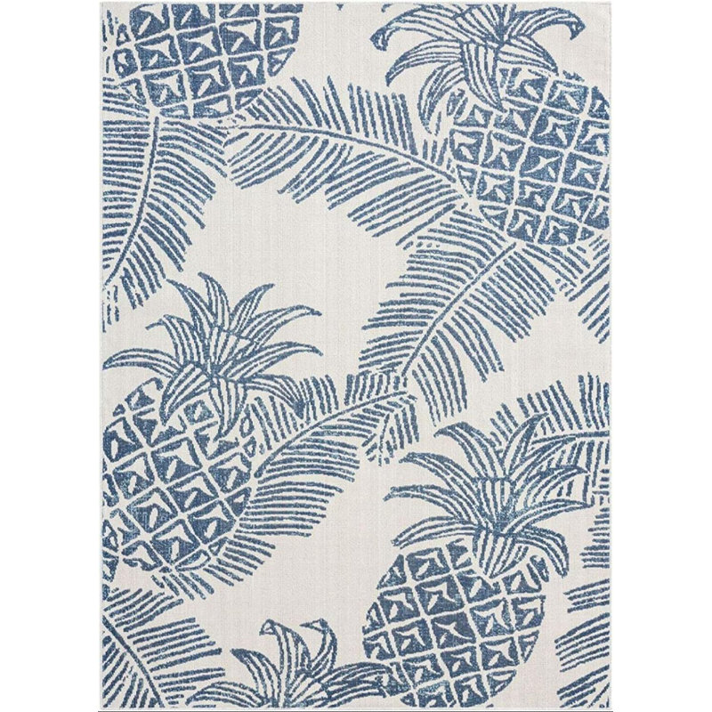 Tommy Bahama Malibu Pineapple Coastal Indoor/Outdoor Area Rug, Ivory/Navy, Rectangle 5'3" x 7'3"