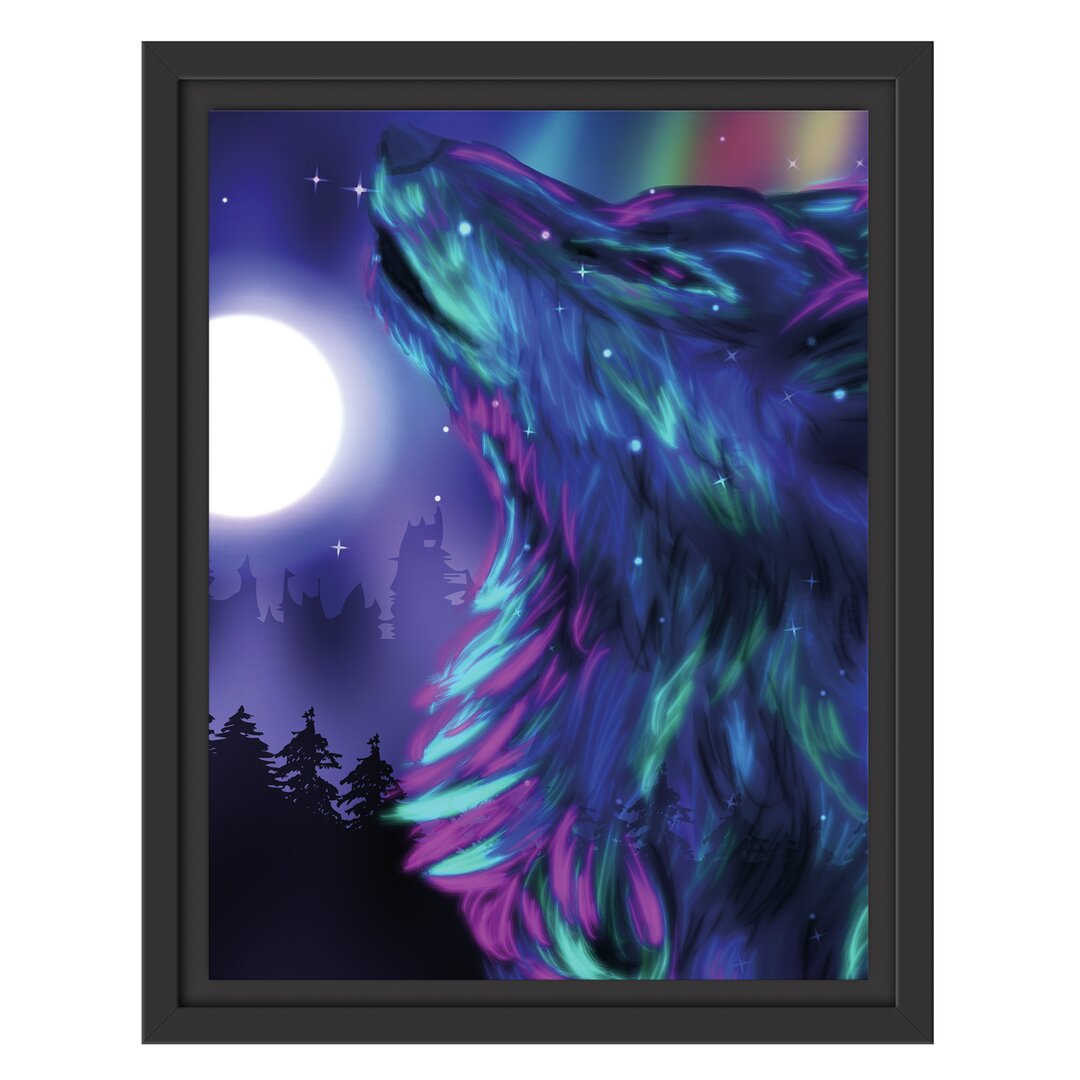 Gerahmtes Wandbild Abstrakter Wolf mit Mond